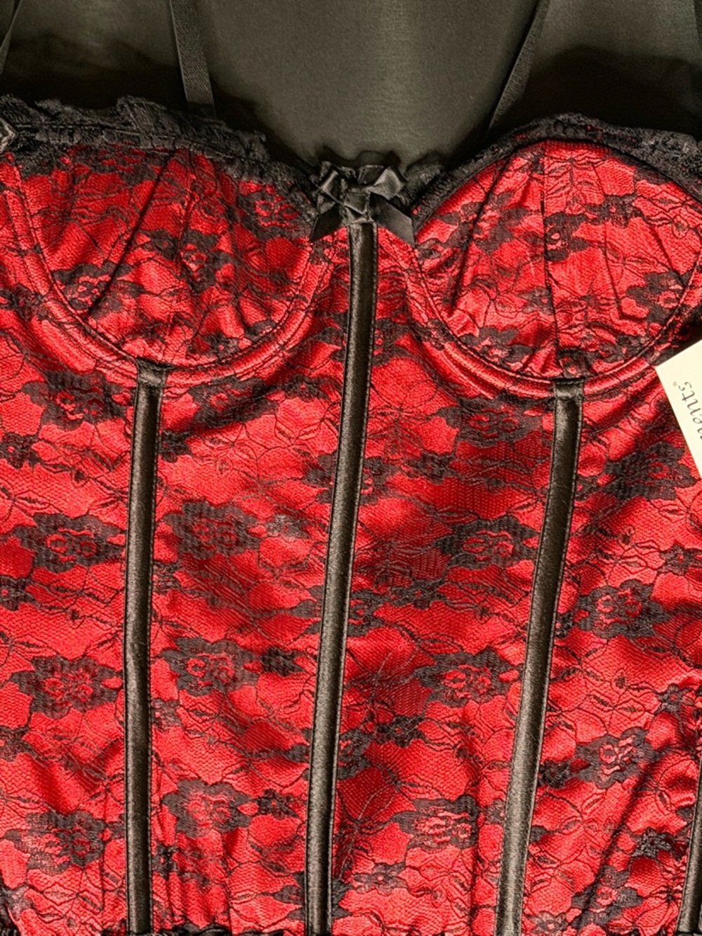 Elegant Black Lace Trim RedBustier Corset Top w/matching thong-Women Intimates - Picture 3 of 12